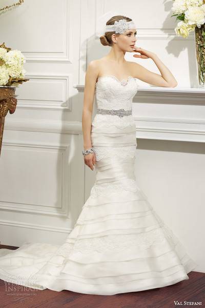 val-stefani-fall-2014-strapless-mermaid-wedding-dress-tiered-skirt-d8078-front-view